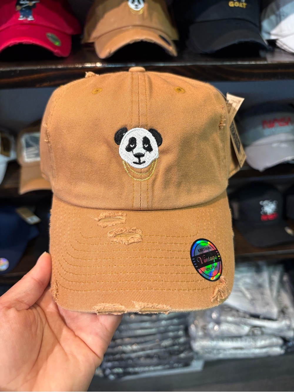 Panda Embroidered Distressed Cap - Tan